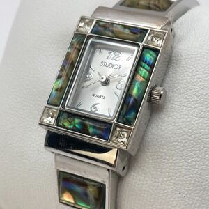 Studio Time Women's Abalone Watch 21mm Silver Tone Tank Cuff New Battery 6.25"